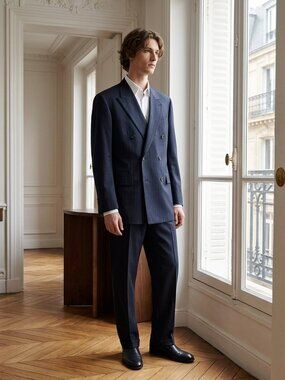 Austin Reed Men's Navy Pinstripe Wool Double-Breasted Suit Jacket 48L/Pants 42